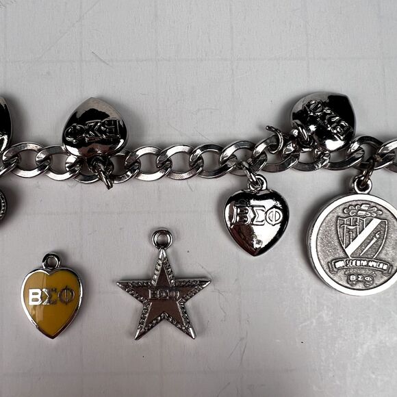 Vtg 1950s Beta Sigma Phi 7" Charm Bracelet Automade Sterling Silver 19 Charms - Picture 5 of 12
